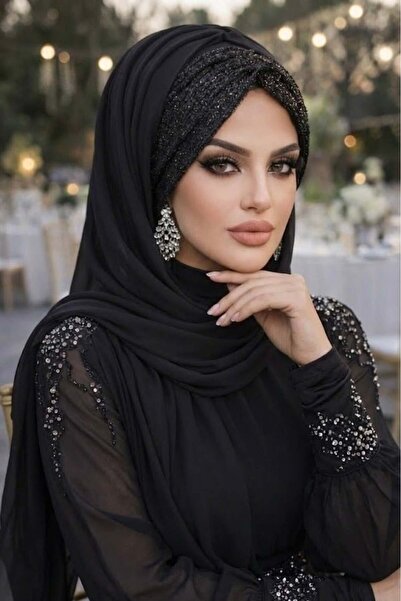 Aişe tesettür Siyah Sakallı Hazır Abiye Şal