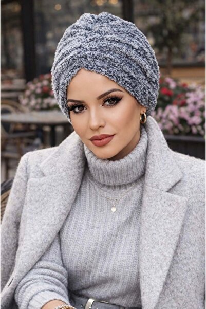 Aişe tesettür Γκρι γούνινο χειμερινό καπέλο με κοτσίδα