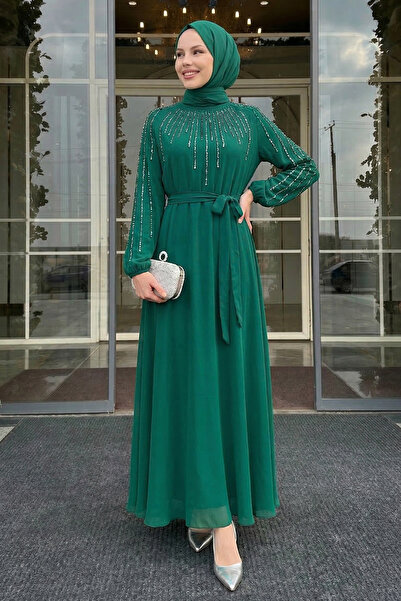InStyle Green Evening Dress with Stones on the Collar and Sleeves