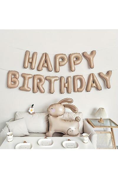 PEKSHOP Krem Karamel Happy Birthday Harf Balonlar Retro Doğum Günü Balon Seti