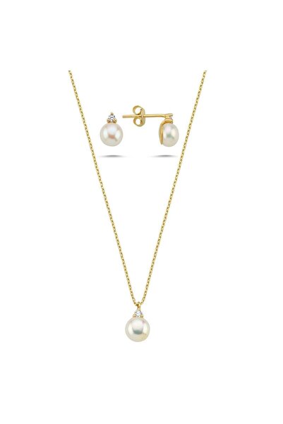 birinci 1926 14 Ayar Altın 8 mm Doğal İnci 0,12 Ct Pırlantalı Küpe Kolye İkil...