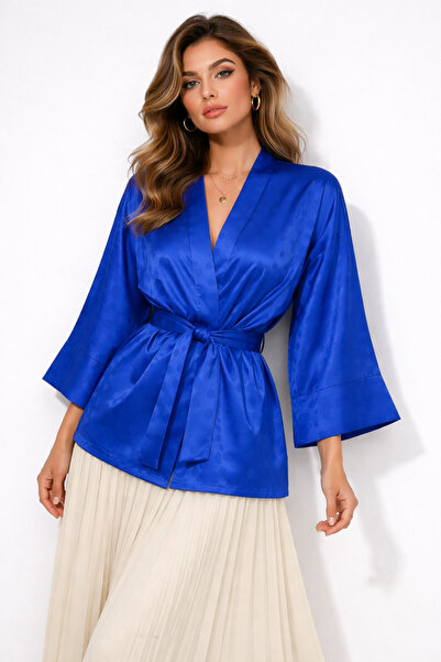 Glowear Atelier Blue Polka Dot Kimono Puantiye Dokulu - Jakarlı Kumaş 70 cm