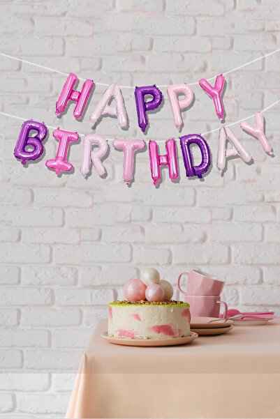 PEKSHOP Pembe Mor Happy Birthday Harf Balonlar Doğum Günü Balon Seti