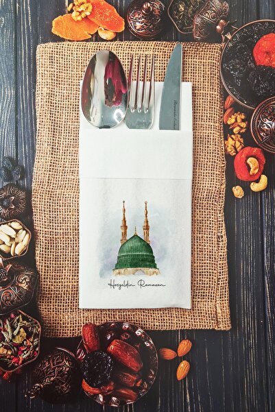 PEKSHOP منديل من القماش مكتوب عليه عبارة "ترحيب رمضان" مع جيوب، 6 قطع