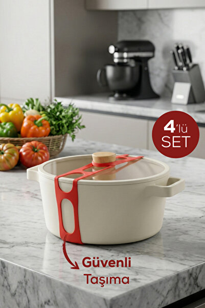 Vienev 4'lü Uzun Silikon Tencere Kapağı Tutucu Kırmızı | Pratik Kapak Sabitle...
