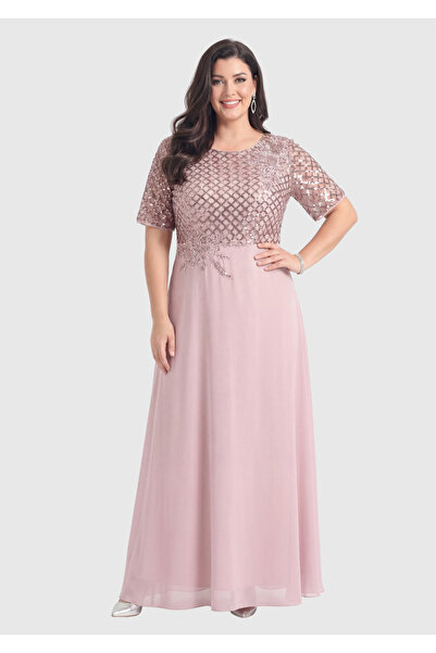 LİLAS XXL Büyük Beden Pul Payetli Baklava Desen Mürdüm Renkli Şifon Abiye Elbise