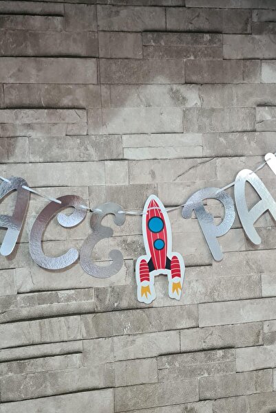 PEKSHOP Uzay Tema Doğum Günü Space Party Metalize Gümüş Banner Kalın Kart Uzun Banner