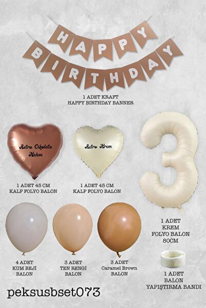 PEKSHOP Retro Renkler Doğum Günü Parti Seti KREM Yaş Balonlu Kraft Banner Balon Zinciri Seti