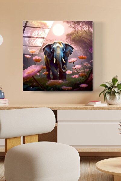Hinora Tablou din sticlă cu elefant, tablou decorativ din sticlă