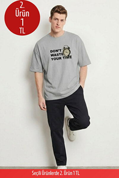 COMBİNE MİCHAİL Ανδρικό μπλουζάκι με στάμπα  "Don't Waste Time " σε γκρι χρώμα