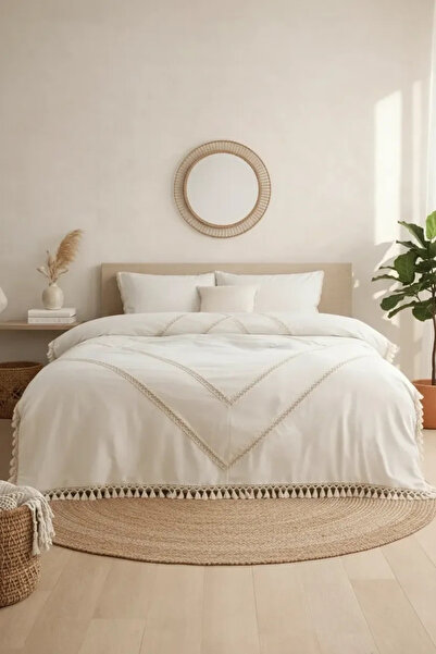 NDC HOME طقم غطاء لحاف من الكتان الخام بتصميم فردي مع تفاصيل من الدانتيل الجو...