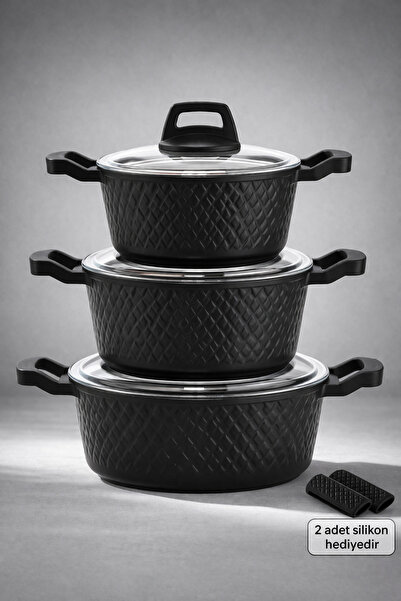 LAVONNI OBSIDYEN 6 Parça Döküm Granit Tencere Seti - Siyah 16/18/20 Cm