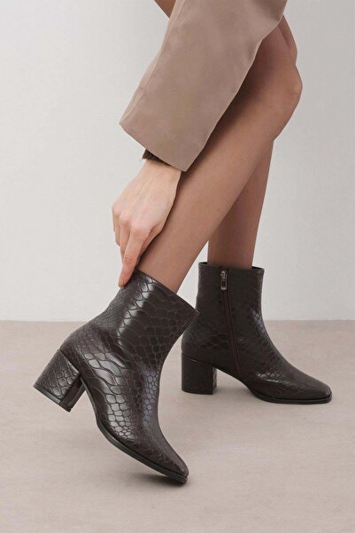 Mio Gusto Macy Krokodil Desenli Kahverengi Kadın Topuklu Bot