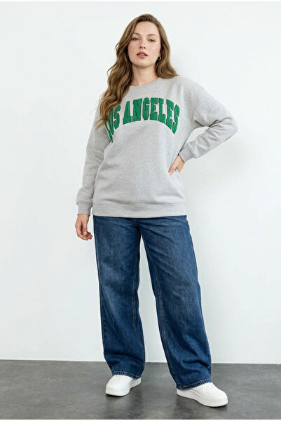 Stil Diva Plus Size Crew Neck Long Sleeve Cotton Sweater with Embroidery Deta...