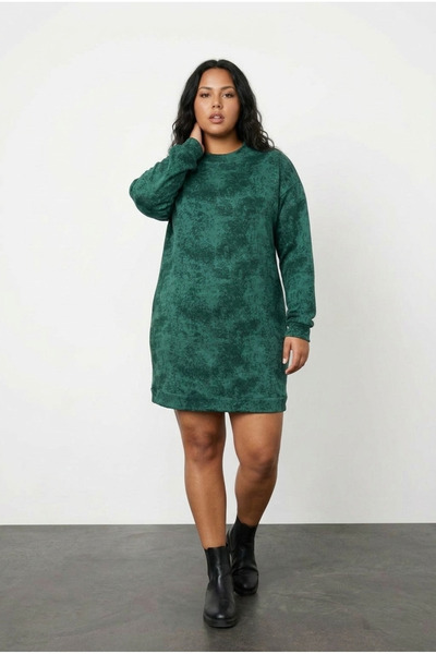 Stil Diva Plus Size Long Sleeve Crew Neck Pocket Patterned Cotton Dress 106-77