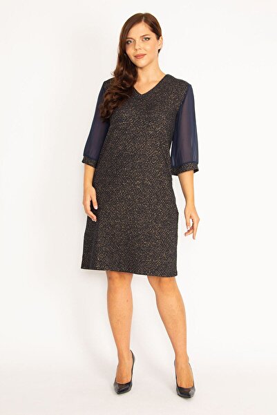 Şans Γυναικείο φόρεμα σιφόν 65n34746 με λεπτομερή μανίκια μπλε γκλίτερ μεγάλο...