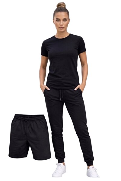 SAAT TEKSTİL Unisex Yazlık Eşofman+şort+ tişört Kombini baskısız siyah