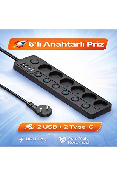 SMAYLİNG 6’lı Ayrı Anahtarlı Akım Korumalı Priz 3680W 16A 2 USB 2 Type-C 2 Me...