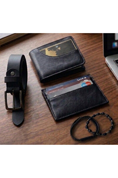 Zaman Kutusu Men's Black Wallet , Card Holder , Belt , Vegan Leather and Natu...