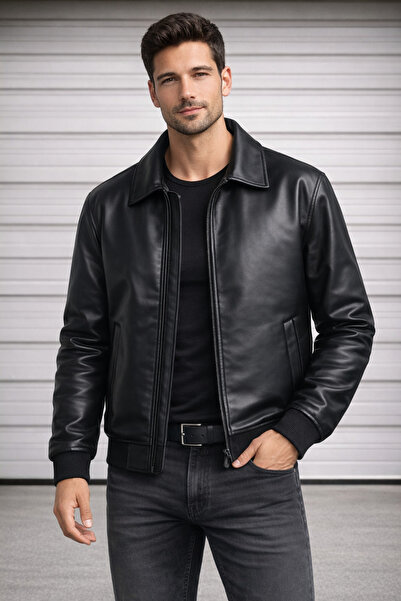 çerme Erkek Su Ve Soğuk Geçirmez Fit Siyah Deri Ceket Mont