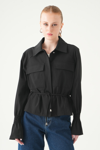 Rays Black Elastic Sleeve Buttoned Jacket 251856