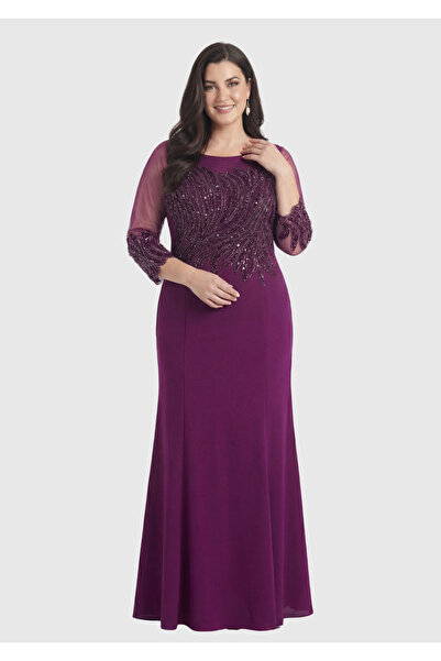 LİLAS XXL Büyük Beden Fuşya Renkli Pul Payetli Krep Elbise