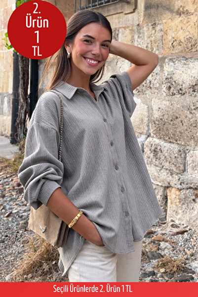 COMBİNE MİCHAİL Kadın Pamuklu Uzun Kol Oversize Gri Gömlek