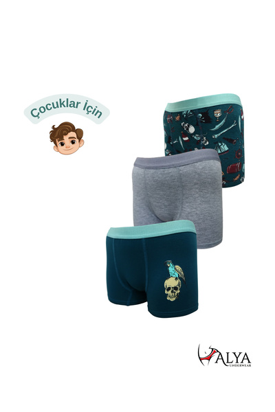 ALYA UNDERWEAR Erkek Çocuk Boxer Short, Korsan Baskılı 3'lü Paket