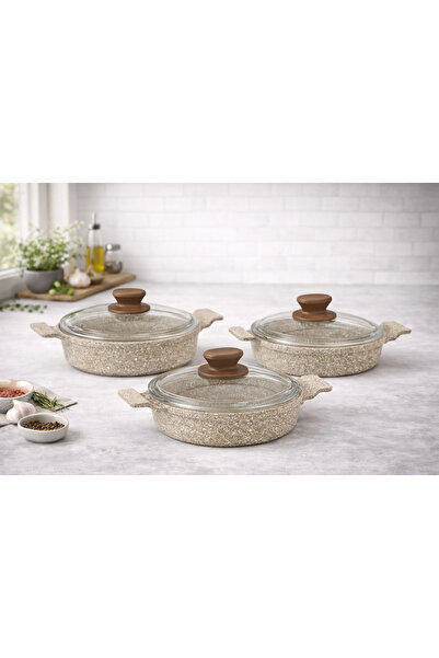 LAVONNI Nirvana 6 Parça Döküm Sahan Set Cappucıno Cam Kapaklı - 18/20/22 Eşit...