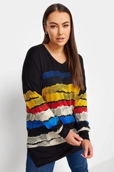 Stil Diva Plus Size V-Neck Striped Long Sleeve Blouse with Slits on the Sides...