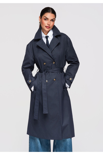 OMBRE Femei Palton Elegant OW-COLC-0119 Palton Damă Midi Bleumarin