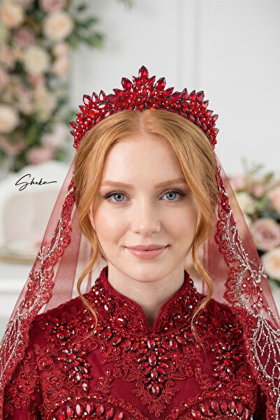 SHEKA - Kelebek Model Kırmızı Renkte Kristal Taş ve Boncuklu Kına Tacı, Kırmı...