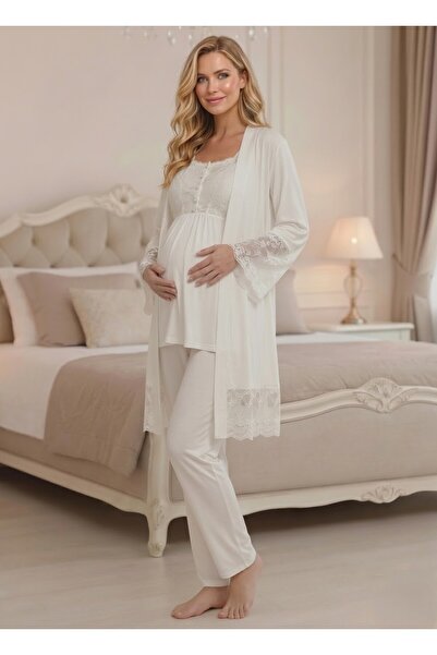 Lohusa Homewear YeniSezon Ekru Hamile Lohusa Dantel Detaylı Emzirme Uygun %10...