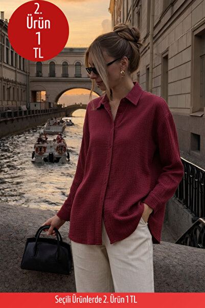 COMBİNE MİCHAİL Kadın Keten Görünümlü Oversize Bordo Gömlek