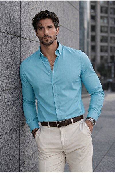 Valiberta Cămașă pentru bărbați din țesătură Oxford Lycra - mânecă lungă, mie...