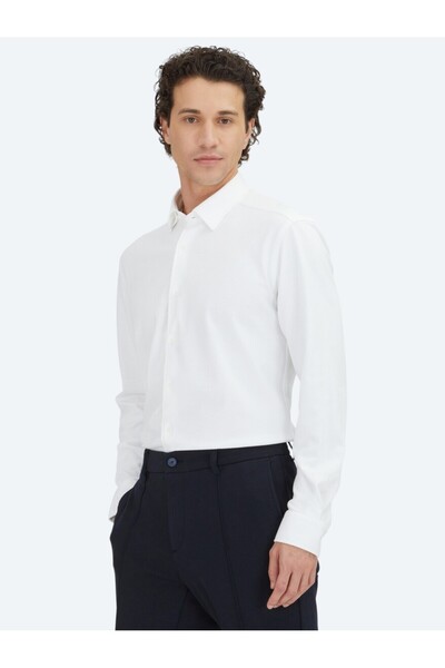 Kip Λευκό απλό, κανονική εφαρμογή, υφαντό casual 100% βαμβακερό πουκάμισο