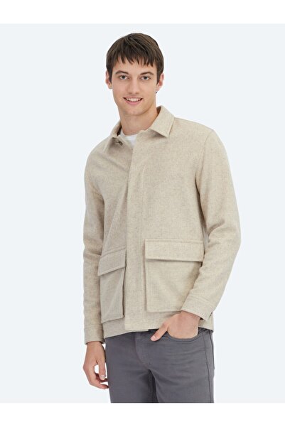 Kip Bej Oversize Fit Dokuma Yün Karışımlı Overshırt