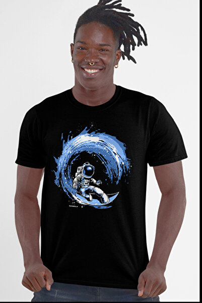 ROCKANDROLL Tricou negru cu mânecă scurtă Galactic Surfer pentru bărbați