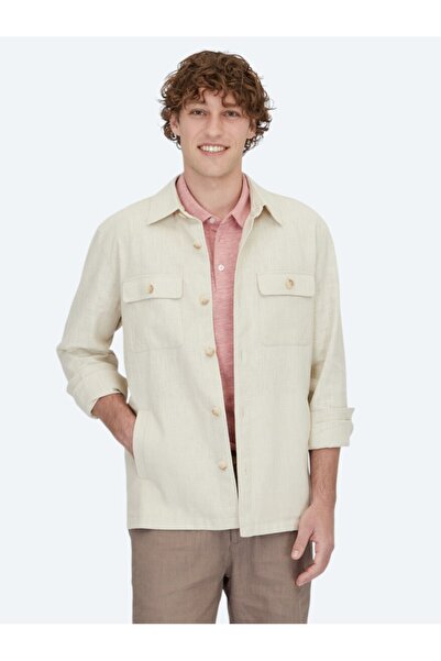 Kip Beige Regular Fit Woven Cotton Blend Overshirt