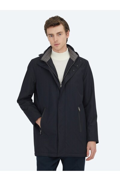 Kip معطف منسوج كاجوال باللون الأزرق الداكن بغطاء رأس