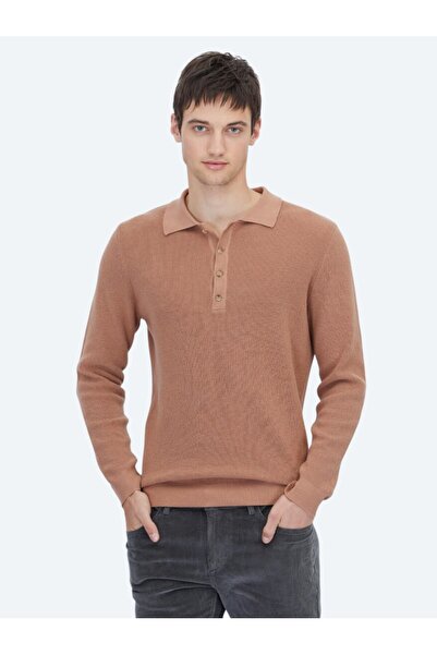 Kip Pulover din amestec de bumbac tricotat simplu cu guler polo de somon