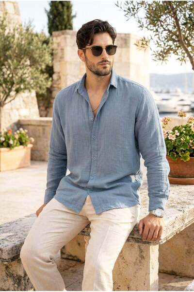 Valiberta Cămașă pentru bărbați din țesătură de muselină, cu jumătate de mări...