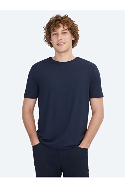 Kip تي شيرت مضلع من القطن برقبة دائرية باللون الأزرق الداكن