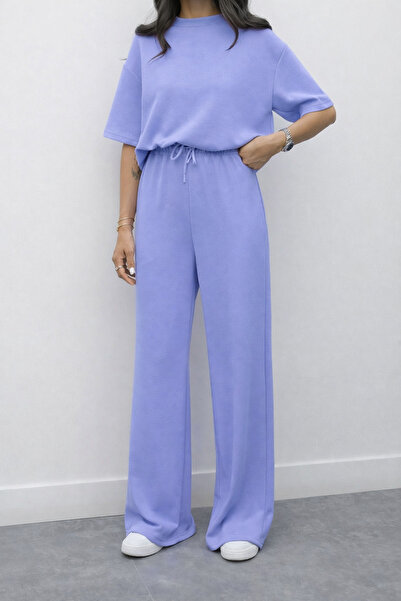 Mogi Butik طقم رياضي نسائي من القماش المشروط بأكمام قصيرة 3081