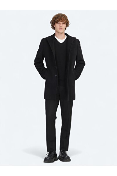 Kip Siyah Regular Fit Dik Yaka Klasik Dokuma Palto