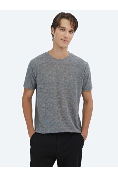 Kip Lacivert Baskılı Bisiklet Yaka Pamuk Karışımlı T-Shirt