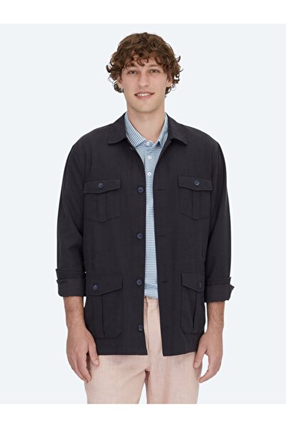 Kip Navy Blue Oversize Fit Woven Cotton Blend Overshirt