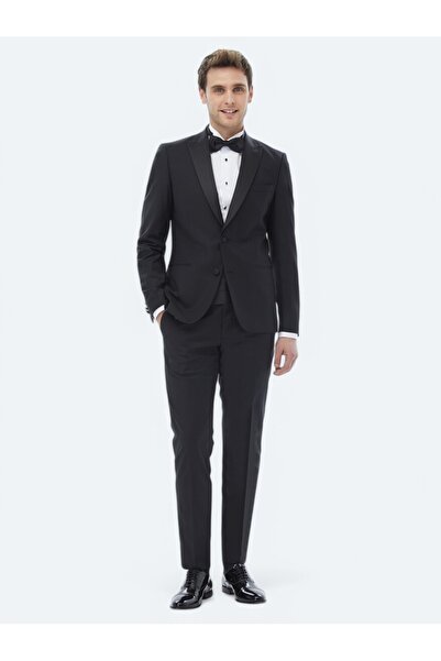 Kip Siyah Düz Slim Fit Kruvaze Yaka Dokuma Smokin Takım Elbise