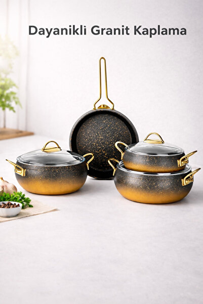 LAVONNI Caldora 7 Piece Granite Casserole Cookware Set with Black Gold Handle...