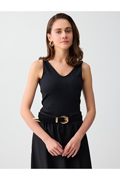 Jimmy Key Siyah Dar Kesim V Yaka Basic Örme Atlet